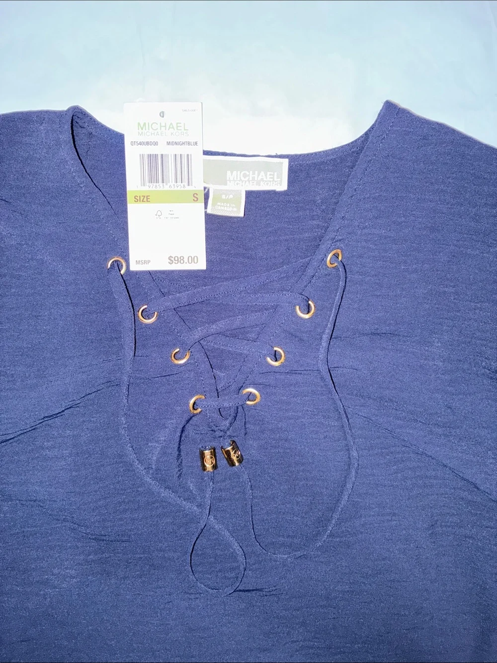 Michael Kors Deep Navy Lace-Up Short Sleeve Blouse